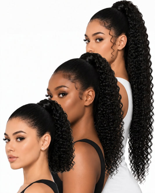 Black curly human hair ponytails in three lengths