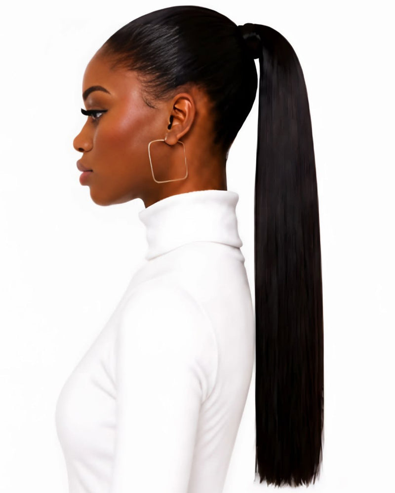 Black Straight Wrap-Around Human Hair Ponytail — 60cm