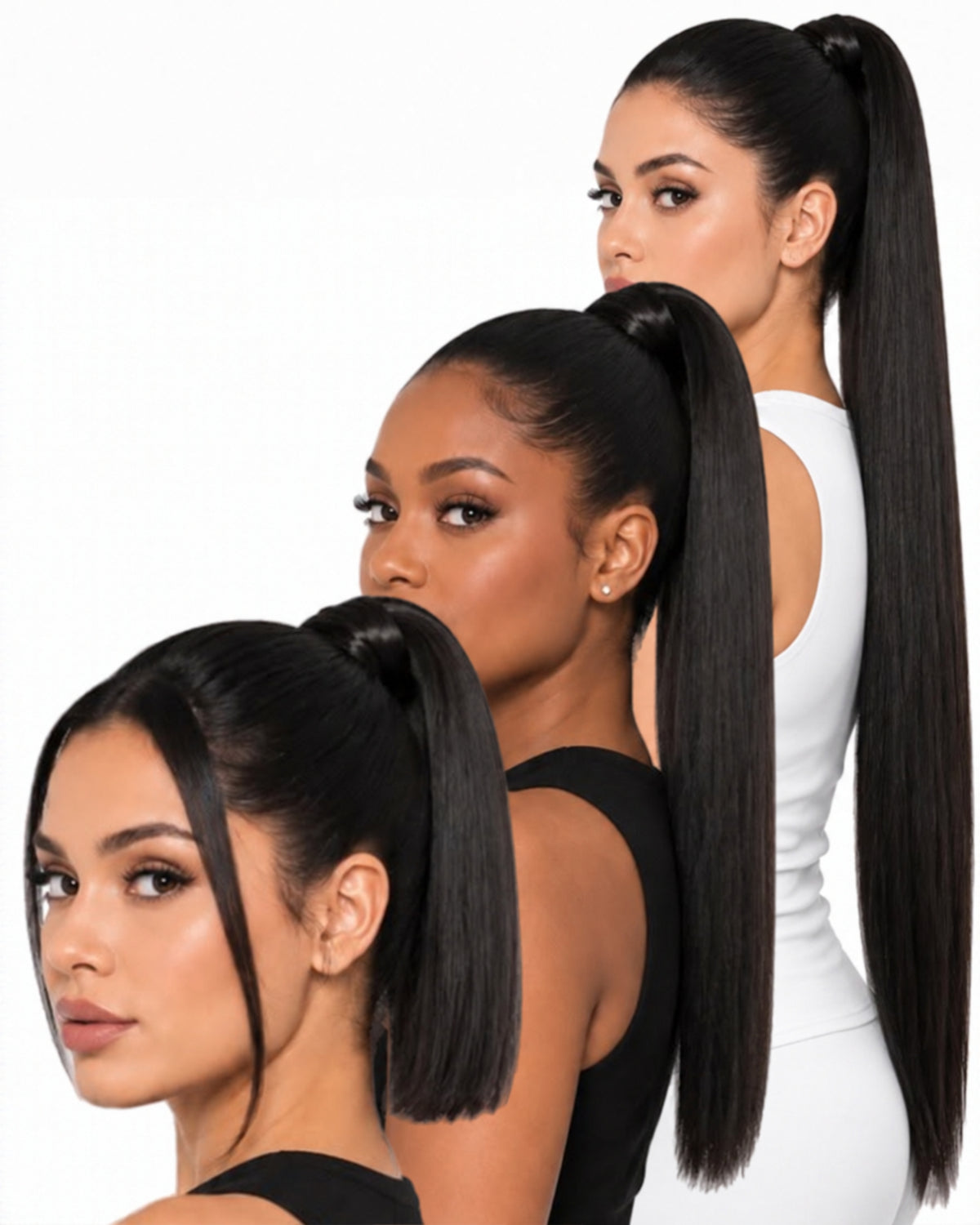 Black straight human hair ponytails in three lengths
