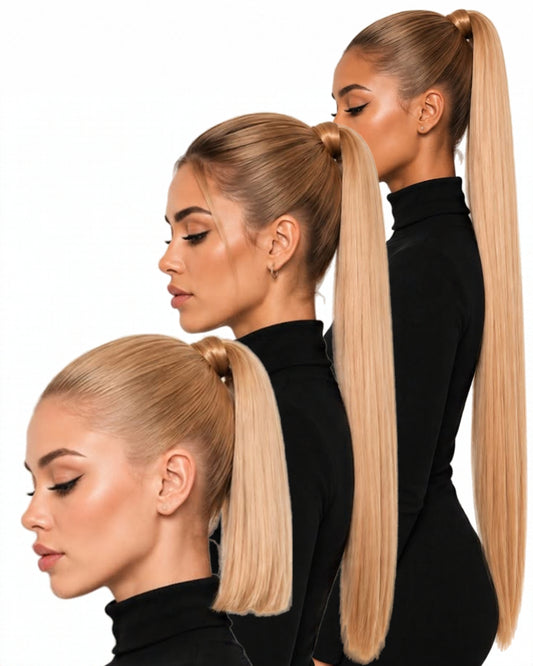 Blonde straight human hair ponytails in three lengths
