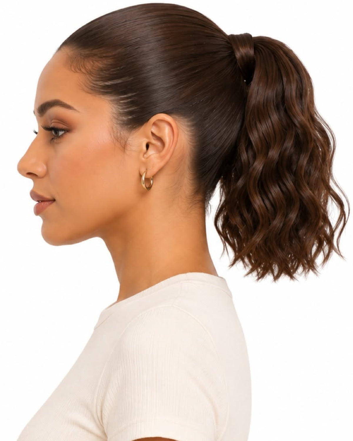 Brown wavy human hair wrap-around ponytail, 30cm