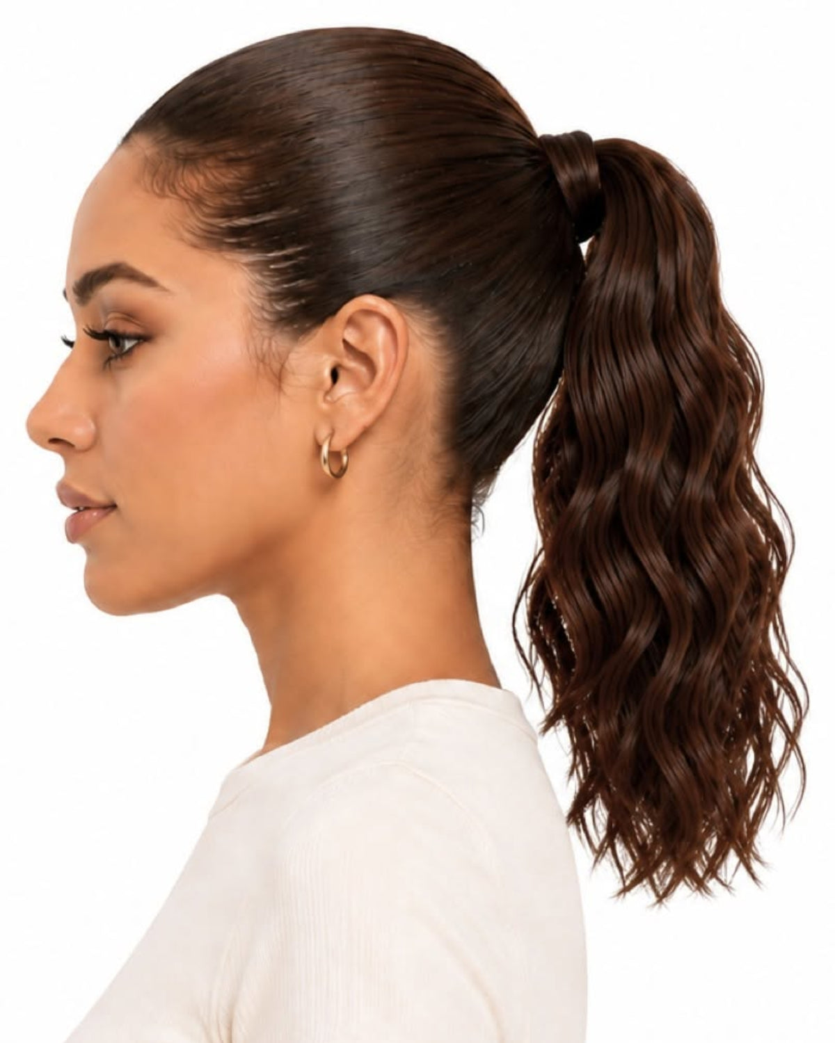 Brown wavy human hair wrap-around ponytail, 40cm