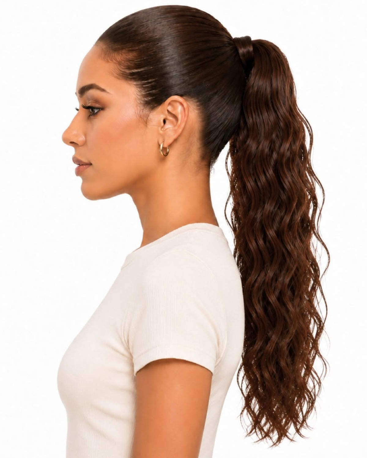 Brown wavy human hair wrap-around ponytail, 60cm