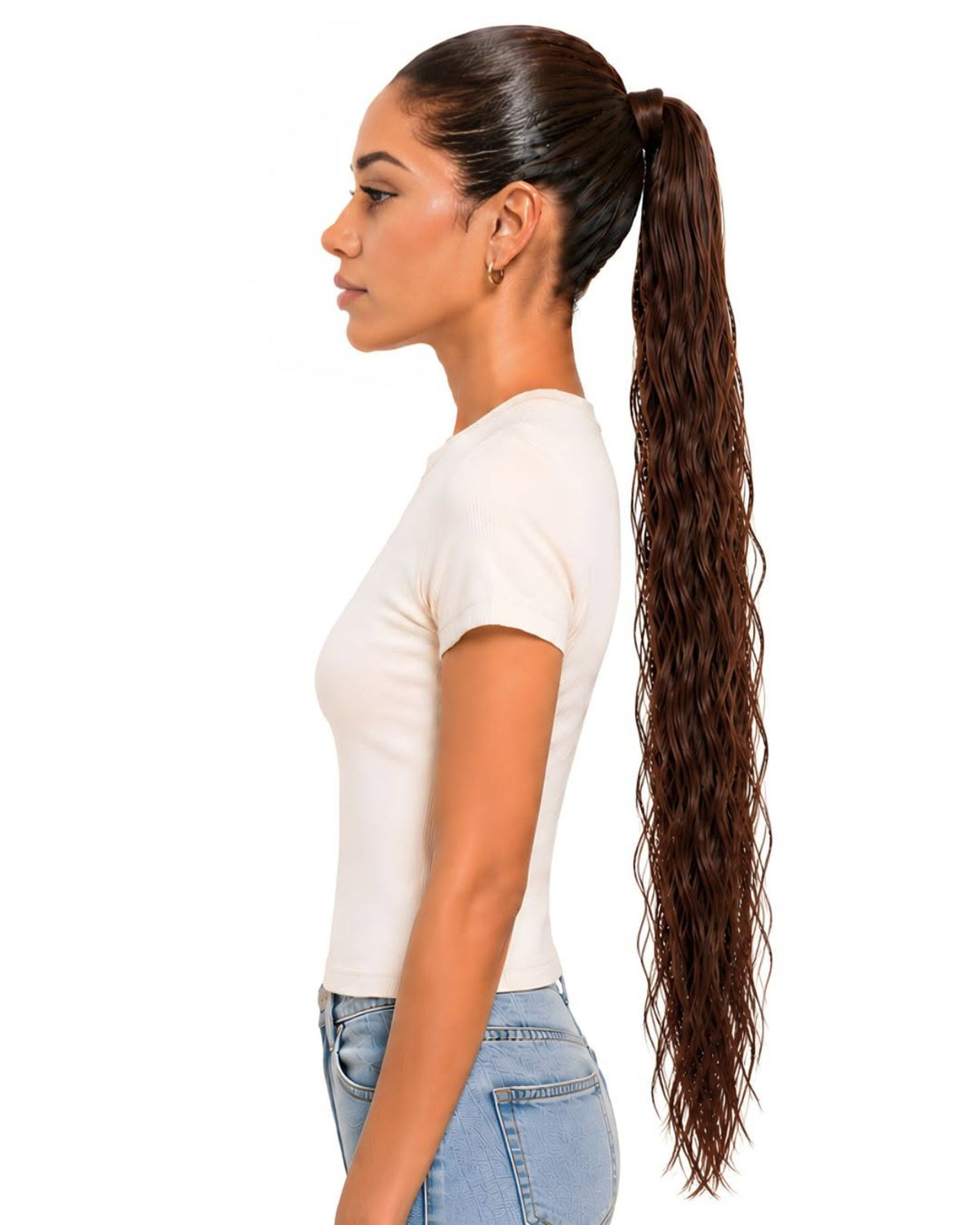 Brown wavy human hair wrap-around ponytail, 90cm